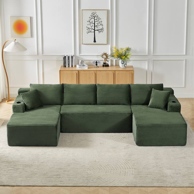 Corduroy Upholstery Cloud Modular Sectional Sofa with Chaise and Pillows, All-Foam Compression Design