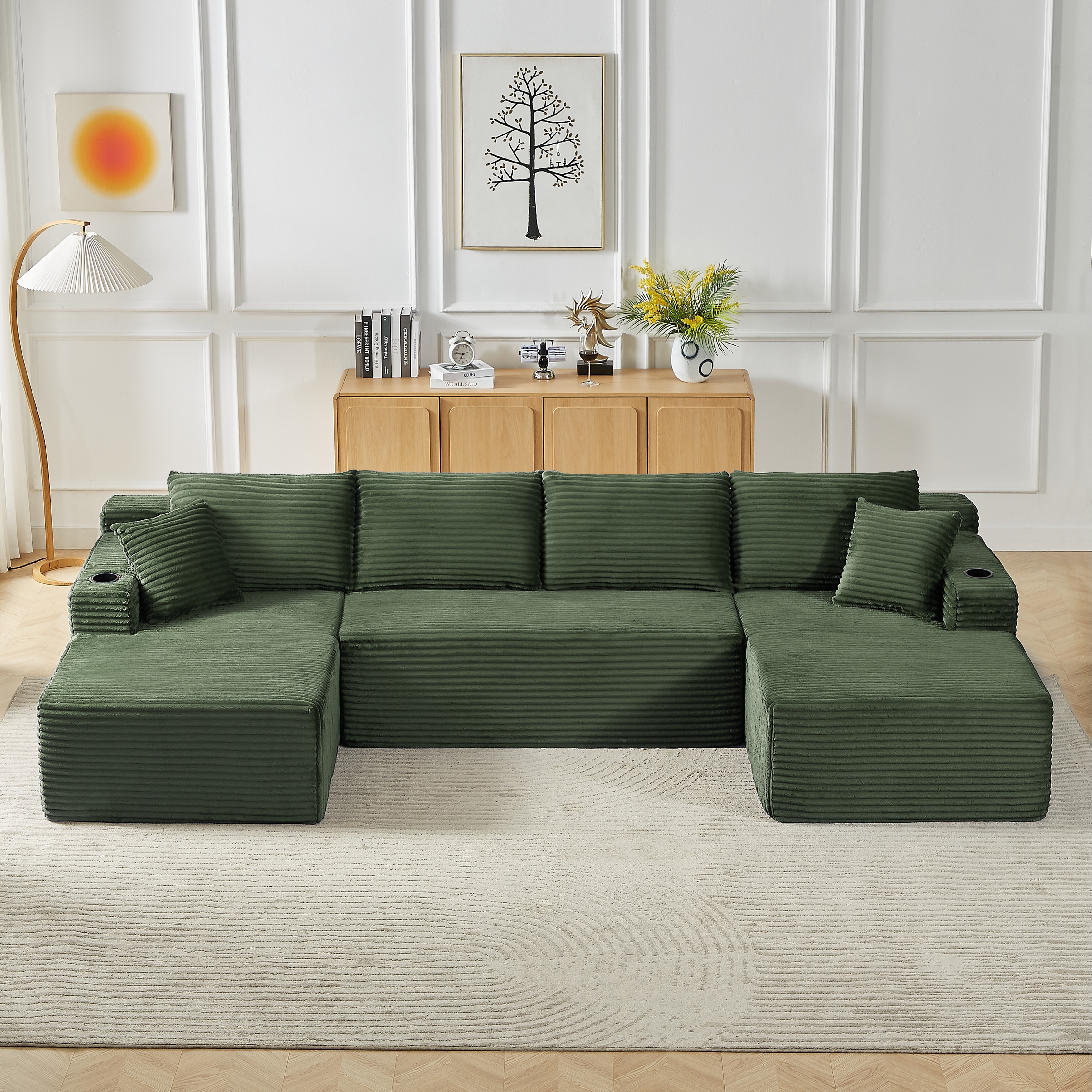 U-Shaped Modular Sectional Sofa Set, Compressible Corduroy Deep-Seat Sofa, Large 6 Seat Sofa with Cup Holders & Ottoman