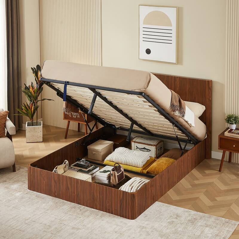 Queen Size Lift Up Storage Bed Frame, Wooden corrugated curved lines, Hydraulic Storage/No Box Spring Needed