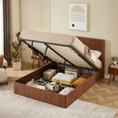 Queen Size Platform Bed Lift Up Hydraulic Storage Bed Frame Wooden Corrugated Curved Lines Design Frame Wood Slat Metal Support
