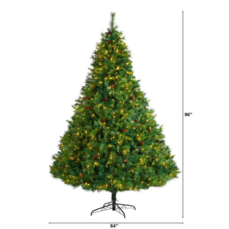 8ft. Full Bodied Mixed Pine Artificial Christmas Tree with 700 Clear LED Lights & Pine Cones - Towering Holiday X-Mas Tree