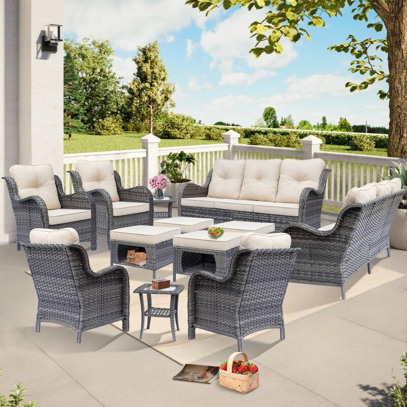 Gray Rattan Wicker High Back Outdoor Patio Furniture Sofa Seating Set - 12-Piece - Beige