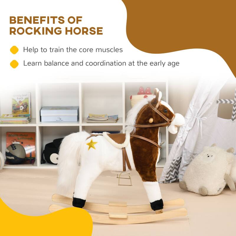 Kids Plush Rocking Horse with Authentic Neigh Sounds, Saddle, and Stirrup for 3-8 Years Old - Comfortable Velvet Fabric