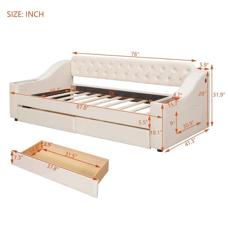 Twin Size Velvet Upholstered Daybed with Storage Armrests and USB Port