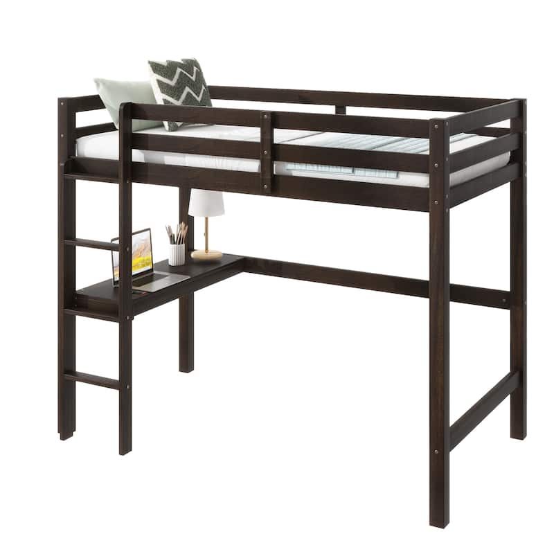Twin High Loft Bed, Rubber Wood Loft Bed with Safety Guardrail built-in desk, ladder, Espresso
