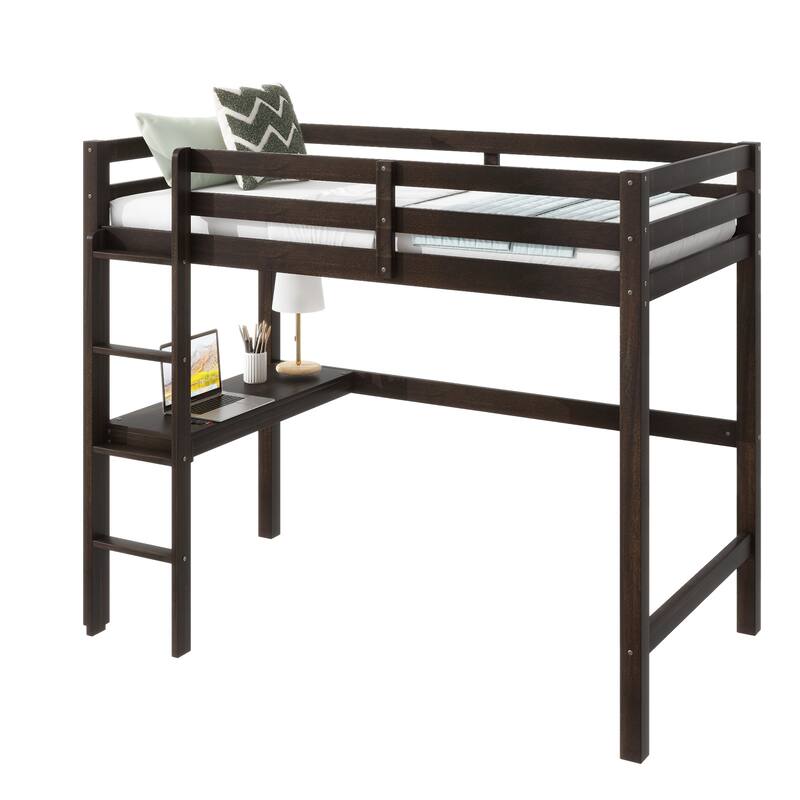 Twin High Loft Bed with Built-in Desk, Safety Guardrail, and Ladder, Espresso Finish