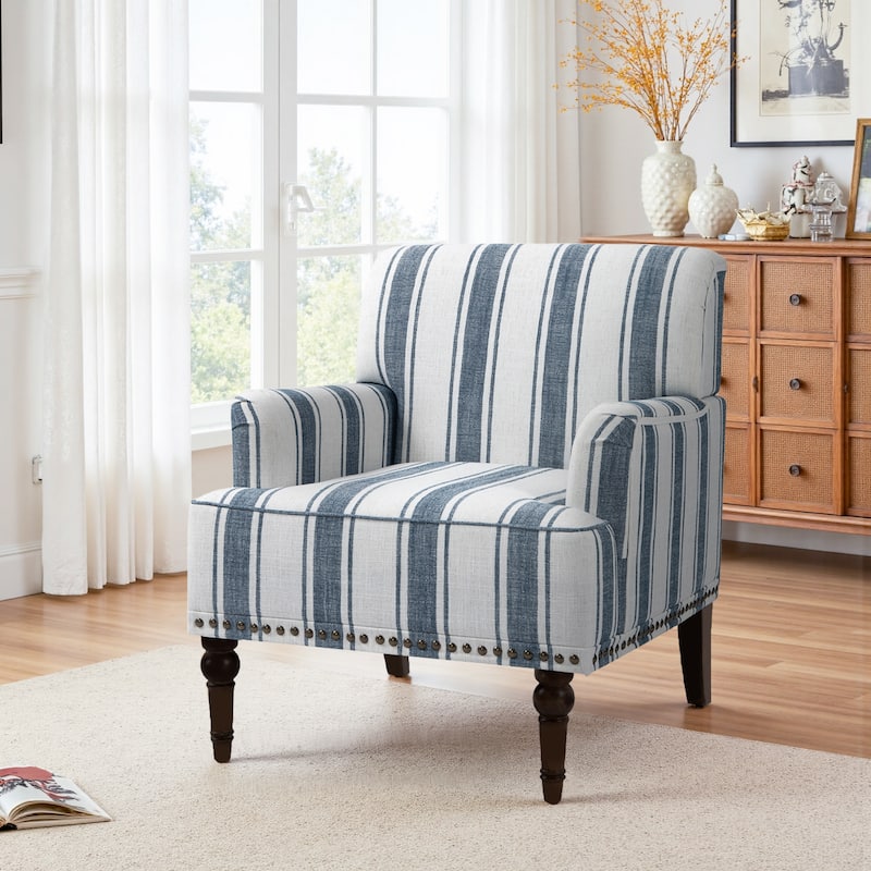 Striped Upholstered Linen Armchair with Brass Nailhead Trim - DARK BLUE STRIPED