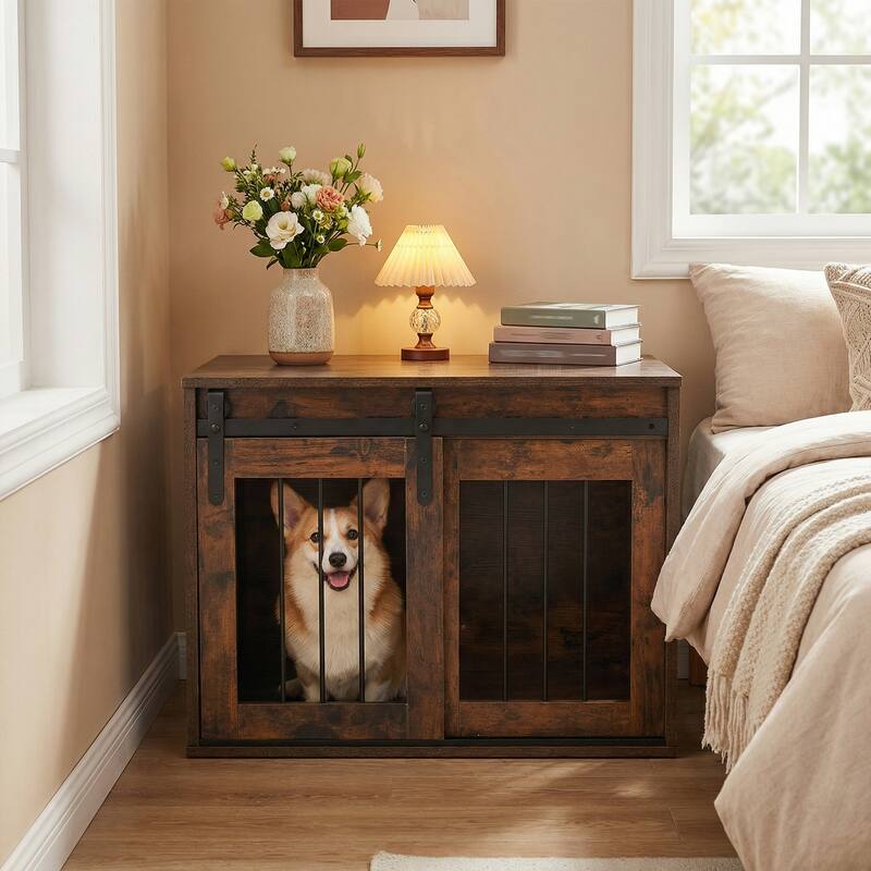 Gymax Dog Crate Furniture 31.5'' Heavy Duty Dog Kennel w/Sliding Barn