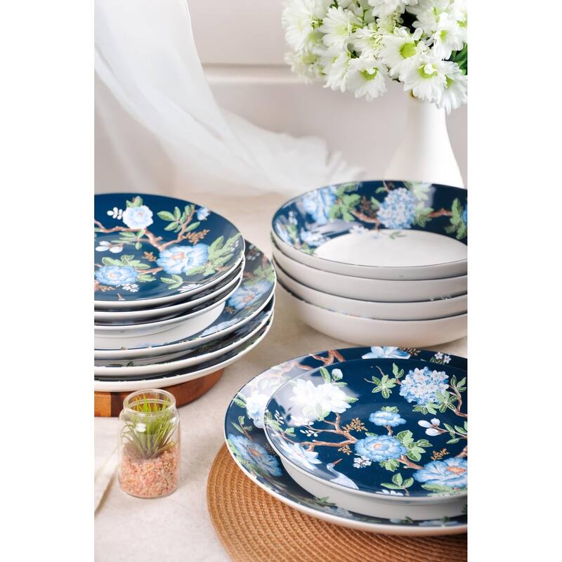 222 Fifth Nightingale 12-Piece Blue Porcelain Dinnerware Set - Service for 4, Plate & Bowl Set