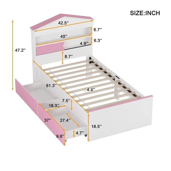 dimension image slide 0 of 2, Twin Size House-Shaped Wooden Bed with Storage Shelf on the Headboard, Built-in Two Storage Drawers, Brown