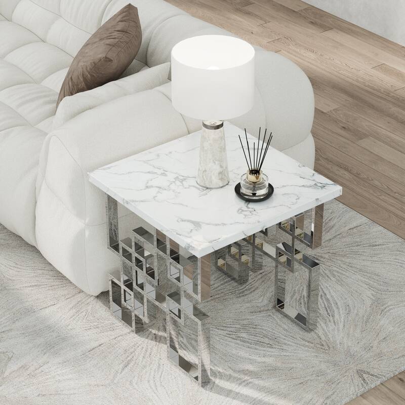 Modern End Table 23 inch Square Living Room Side Table with High Gloss Top and Mirrored Metal Geometric Base