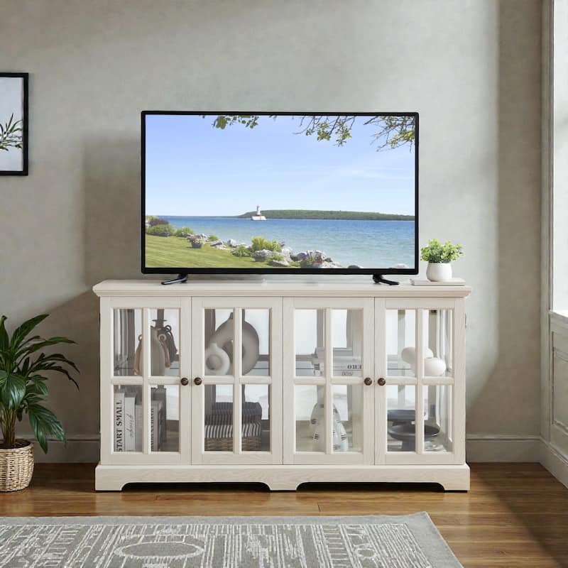 LED Antique Curio Display Cabinet with Glass Doors, 4 Door Vintage Showcase with Adjustable Shelves