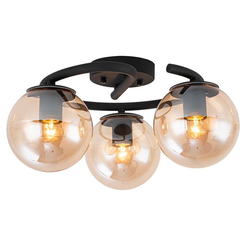 3 Light Matte Black Flush Mount Lighting Industrial with Amber Glass Globes - Dia.16.93-in