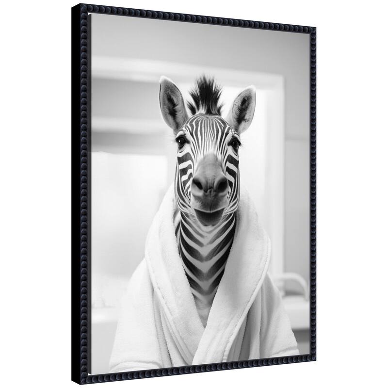 Kate and Laurel Sylvie Zebra Bathroom Art Towel Robe Black and White Framed Canvas by The Creative Bunch Studio - 18x24 - Black