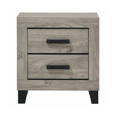 2 Drawers Wooden Nightstand with Metal Pulls in Light Gray