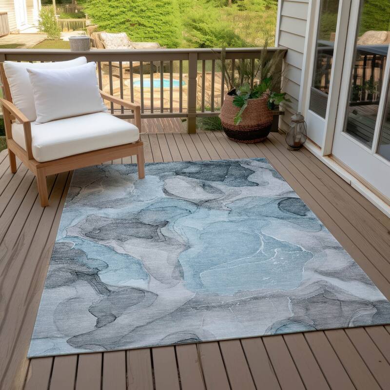 Machine Washable Indoor/ Outdoor Chantille Watercolor Teal Rug