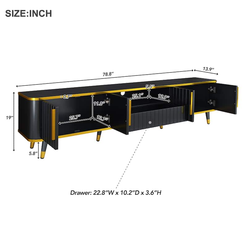 Modern Minimalist TV Stand for 85" TVs with Golden Accents, Storage Cabinets, & Unique Legs