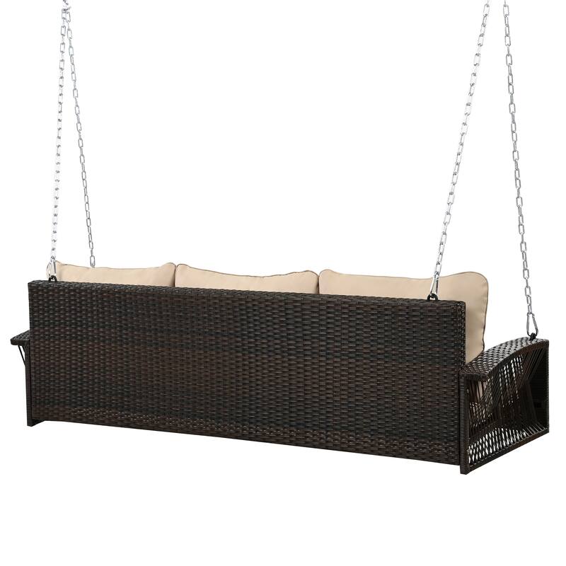PE Wicker 3-Person Porch Swing with Includes Cushions and Chains, 800lb Capacity