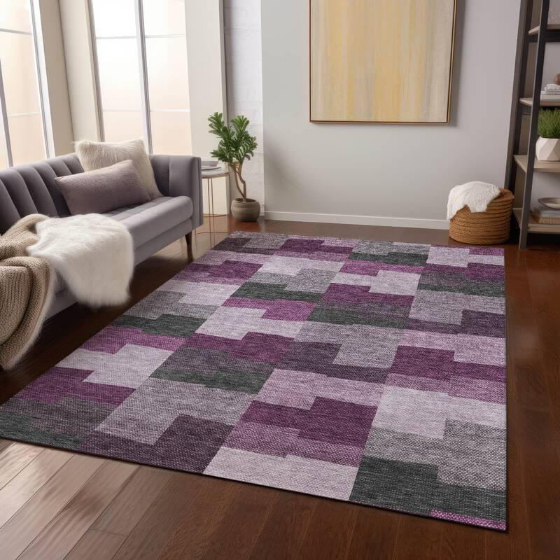 Machine Washable Indoor/ Outdoor Chantille Contemporary Blocks Rug - Merlot - 3' x 5'