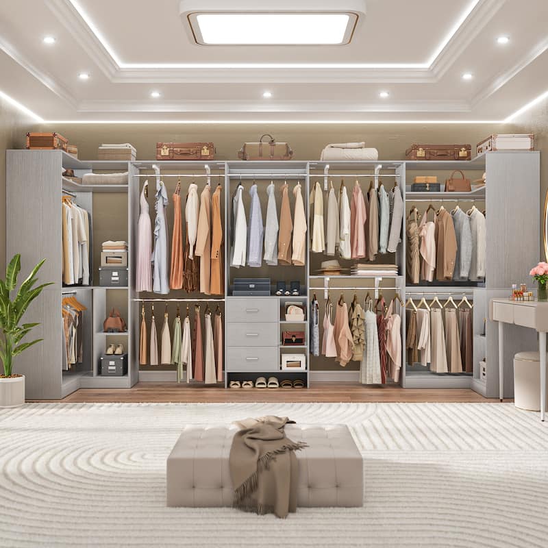 Rackcog 96'' W Closet Organizer with Drawers and Hanging Rods, Wardrobe Closet System (can be cut to fit)