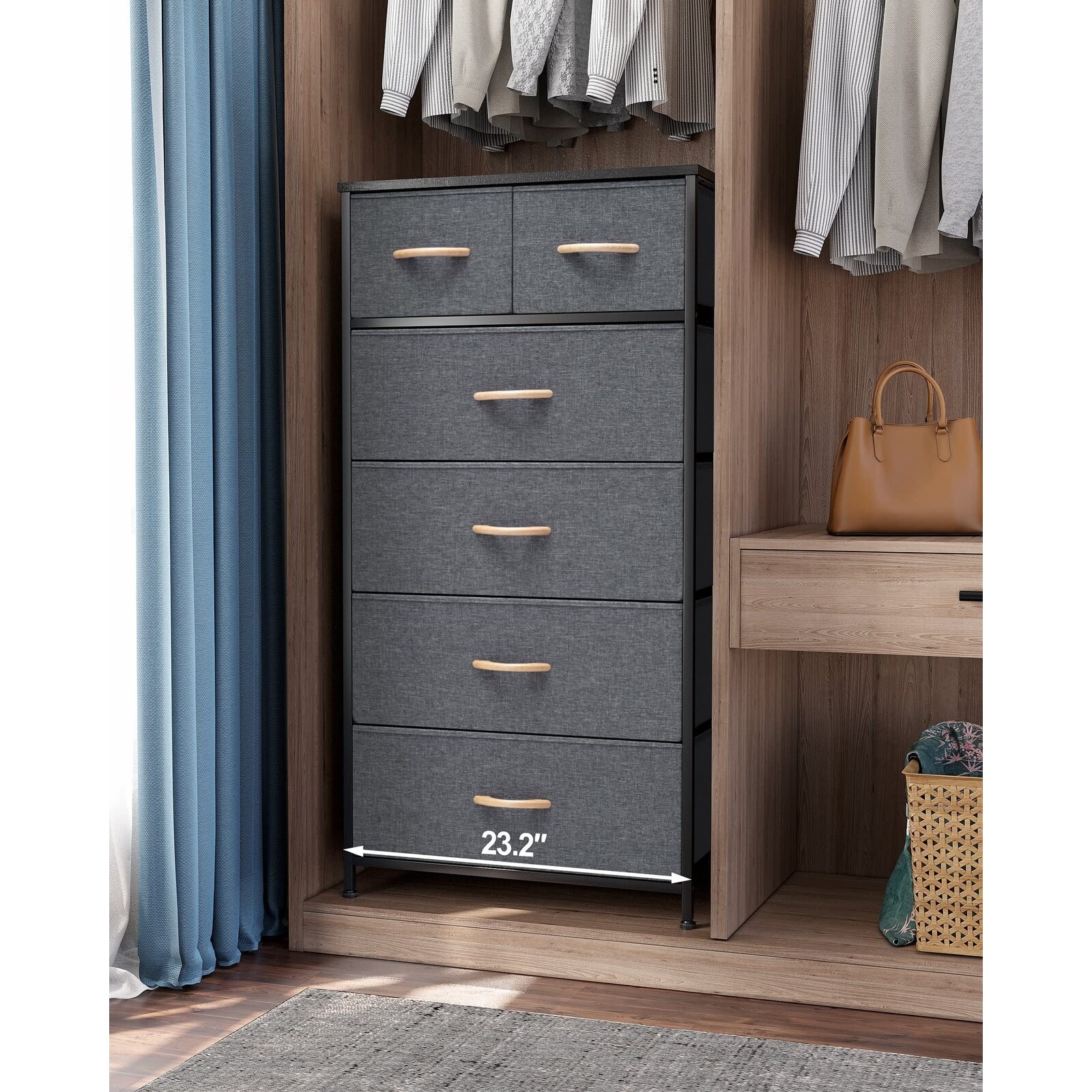 Cerbior Wide Drawer Dresser Storage Organizer 5-Drawer Closet Shelves, Sturdy Steel Frame Wood Top with Easy Pull Fabric Bins
