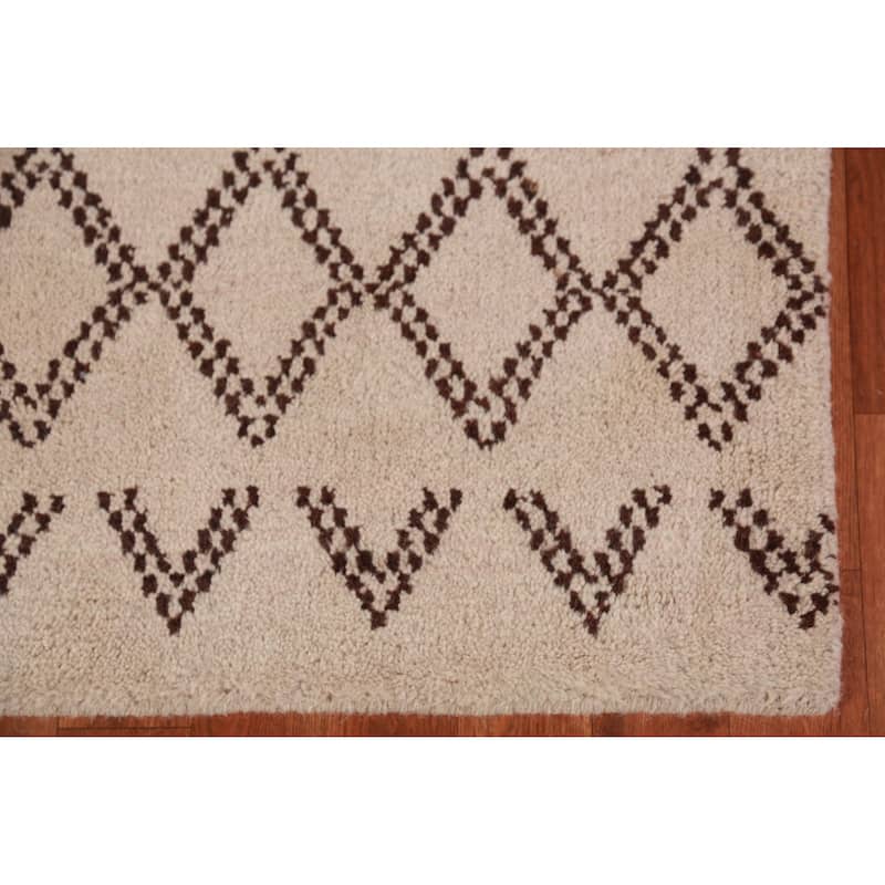 Hand Knotted Oriental 100% Wool Carpet Modern Geometric Beige & Ivories Moroccan Area Rug - 8' 0'' X 5' 0''