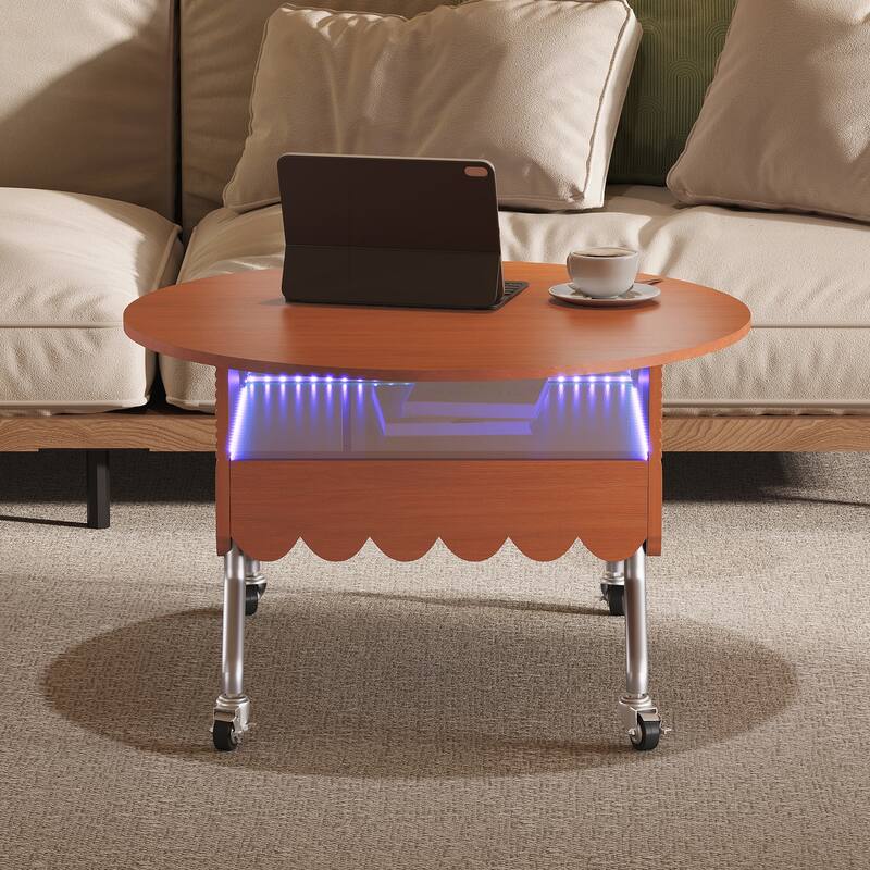 Round Lift-Top Coffee Table with Wheels - Mahogany