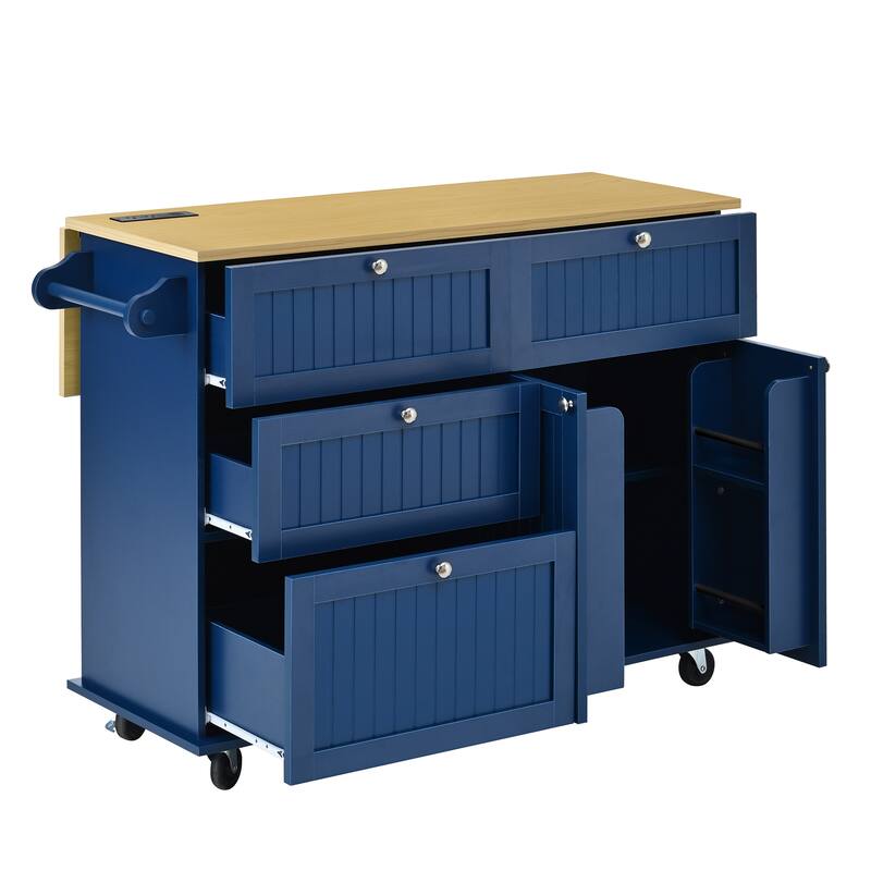 Farmhouse Kitchen Island on Wheels with Drop Leaf, 2 Seating & Power Outlet