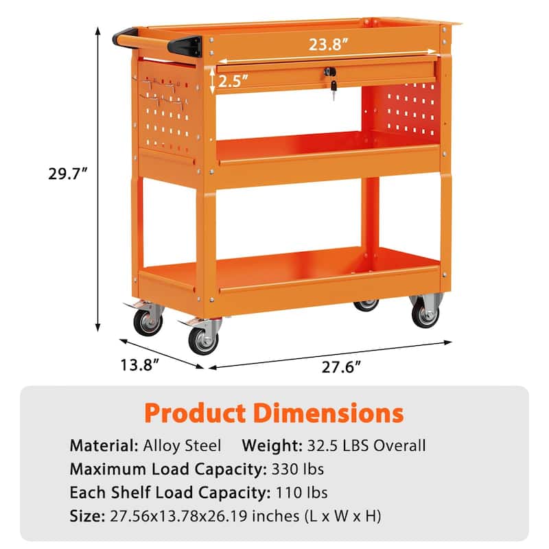 3-Tier Rolling Tool Cart on Wheels for Mechanics with Utility Drawer