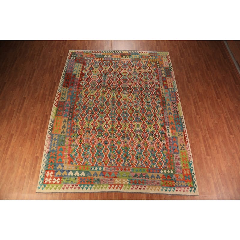 Reversible Kilim Oriental Area Rug Hand-Woven Geometric Wool Carpet - 10'0"x 12'10"