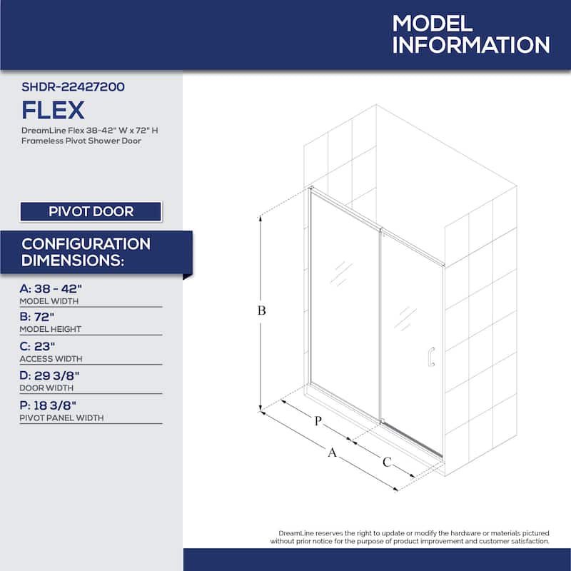 DreamLine Flex 32 in. D x 42 in. W x 74 3/4 in. H Pivot Shower Door and Shower Base Kit - 32" x 42"