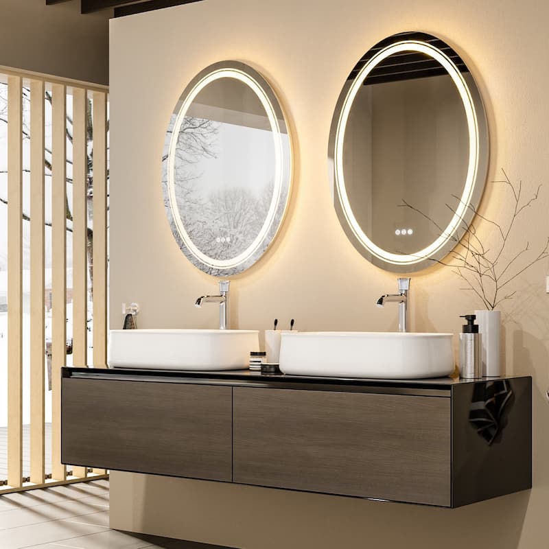 Oval Frameless Dual LED Wall Bathroom Vanity Mirror Dimmable Anti-Fog