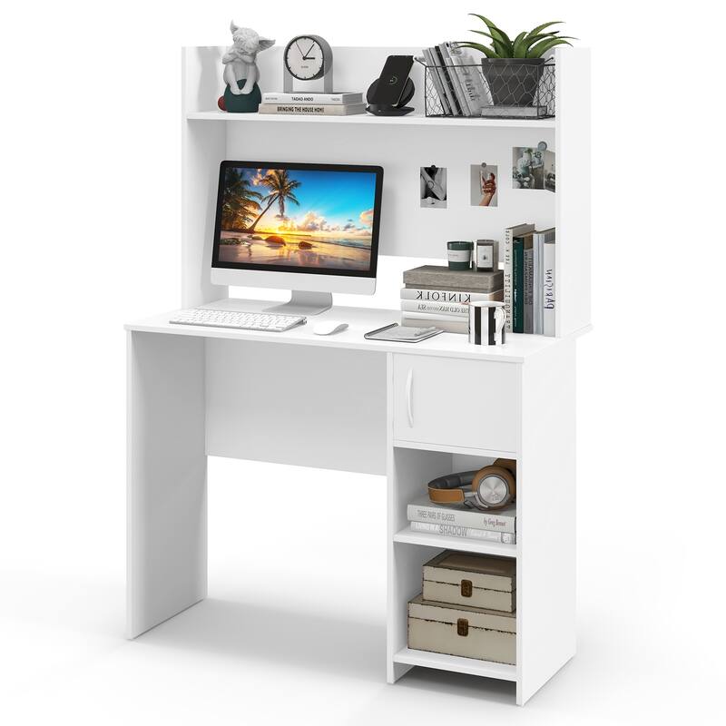 Gymax Computer Desk Home Office Desk w/ Raised Display Shelf & 2 Open - White