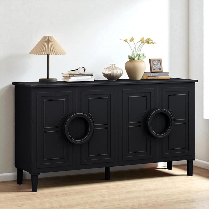 French-Inspired Four-Door Sideboard with Round Ring Handles, Sturdy MDF Cabinet for Dining or Entryway