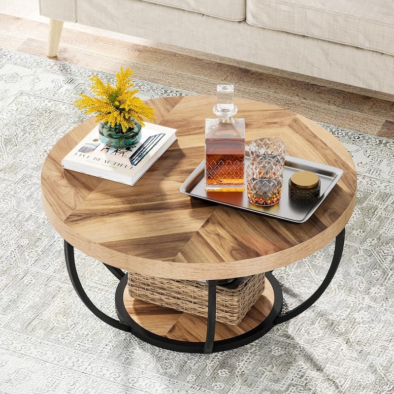 31.7" Round Coffee Table, Rustic 2-Tier Center Table with Storage Open Shelves - Oak/Black