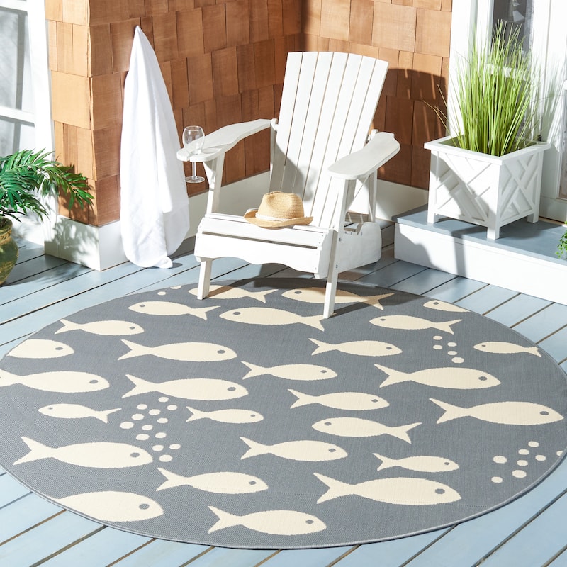 SAFAVIEH Courtyard Illa Indoor/ Outdoor Waterproof Patio Backyard Rug - 5'3" x 5'3" Round - Dark Grey/Beige