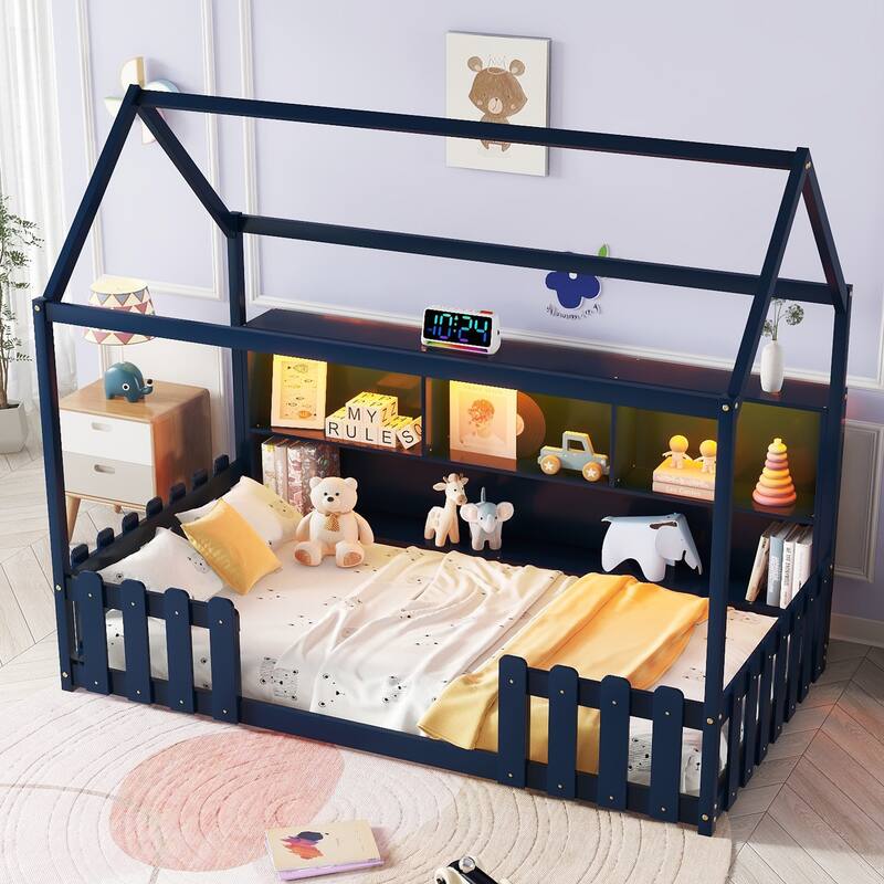 Twin Size House Bed with LED Light, Storage Bookshelf, and Guardrails for Kids, Navy Blue