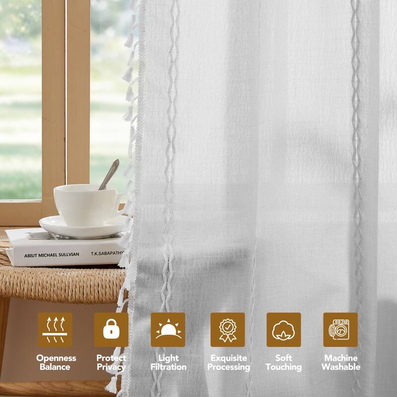 Deconovo Boho Sheer Curtain with Tassels & Embroidery 1 Panel