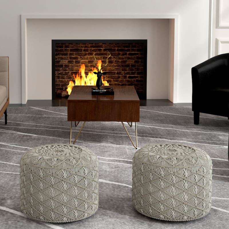 WYNDENHALL Emile Round Macrame Pouf - Cloud Grey