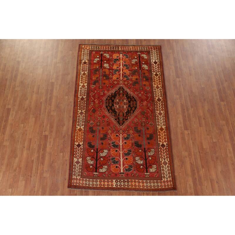 Hand Knotted Oriental 100% Wool Carpet Traditional Medallion Red Shiraz Area Rug - 8' 10'' X 5' 1''