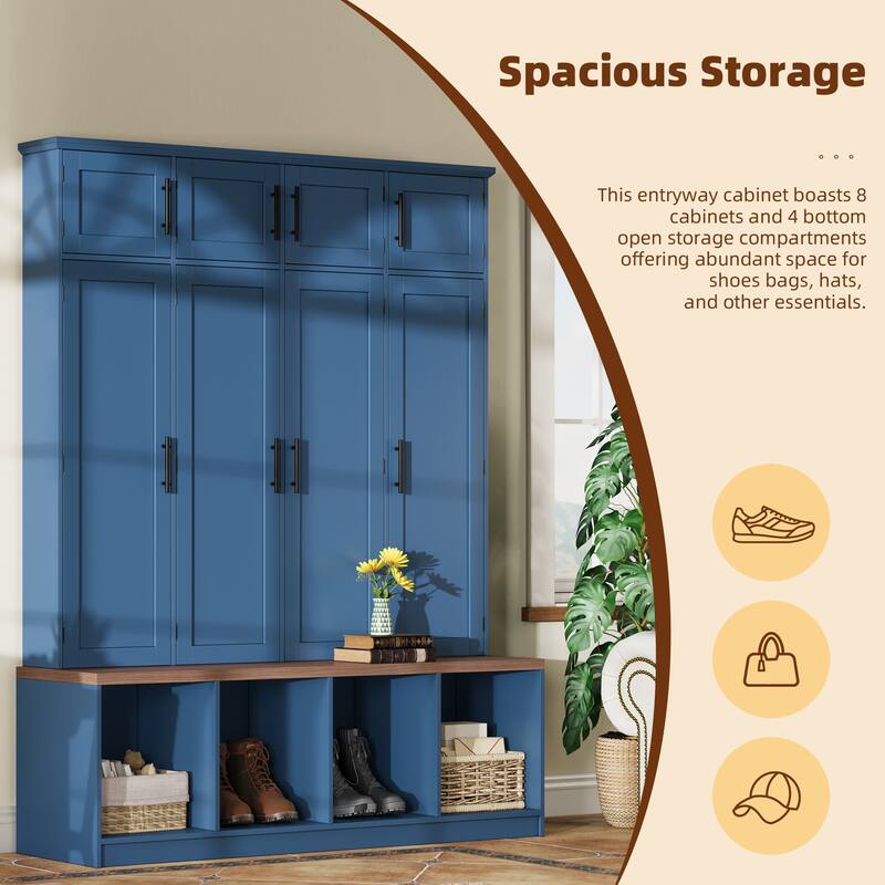 Farmhouse Hall Tree with 4 Hidden Hanging Hooks, Wood Bench Entryway Shoe Cabinet, Large 8 Doors Storage Cabinet for Foyer