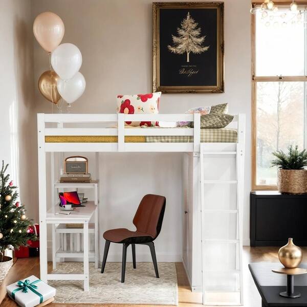 slide 2 of 30, Full Size Loft Bed with Wardrobe and Desk and Shelves White
