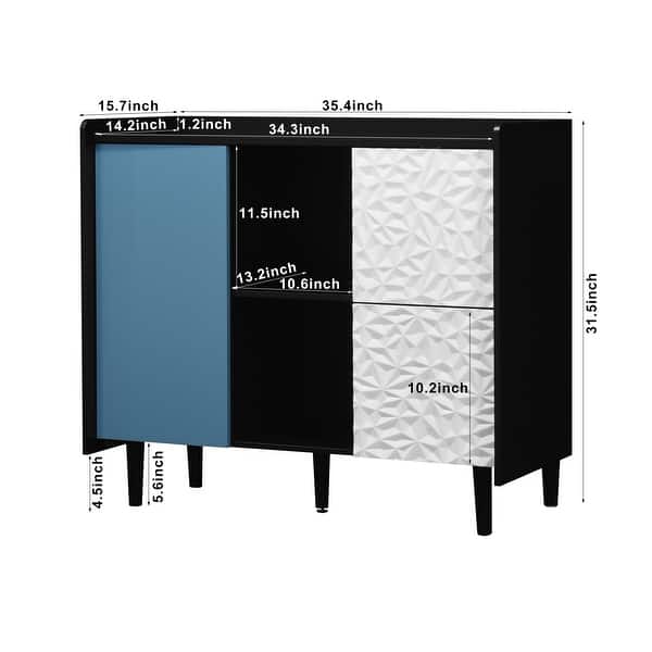 dimension image slide 1 of 2, 35" Modern Black Buffet Storage Cabinet with Unique Drawer Panels, 2 Doors and Open Shelves, Accent Sideboard