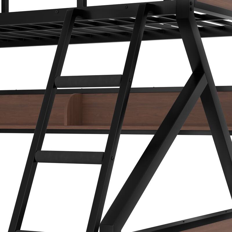 Metal Bunk Bed with Wood Storage Shelves and Light Strip, Noise-free Design Bed Frame with Guardrails, Ladder and Headboards