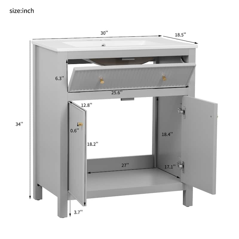 Roomfitters 30" Vanity with Ceramic Sink, Freestanding Cabinet with Soft Closing Doors, Modern Bathroom Design, Grey