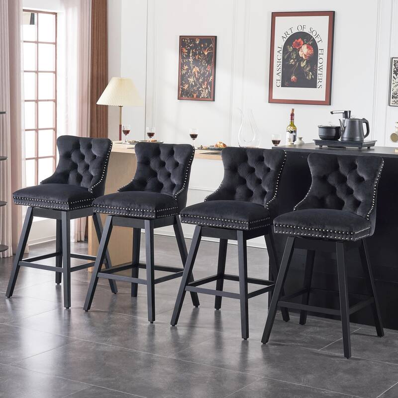 26"/30" Velvet Upholstered Swivel Counter or Bar Height Stools, Set of 4 - Black - Counter Height