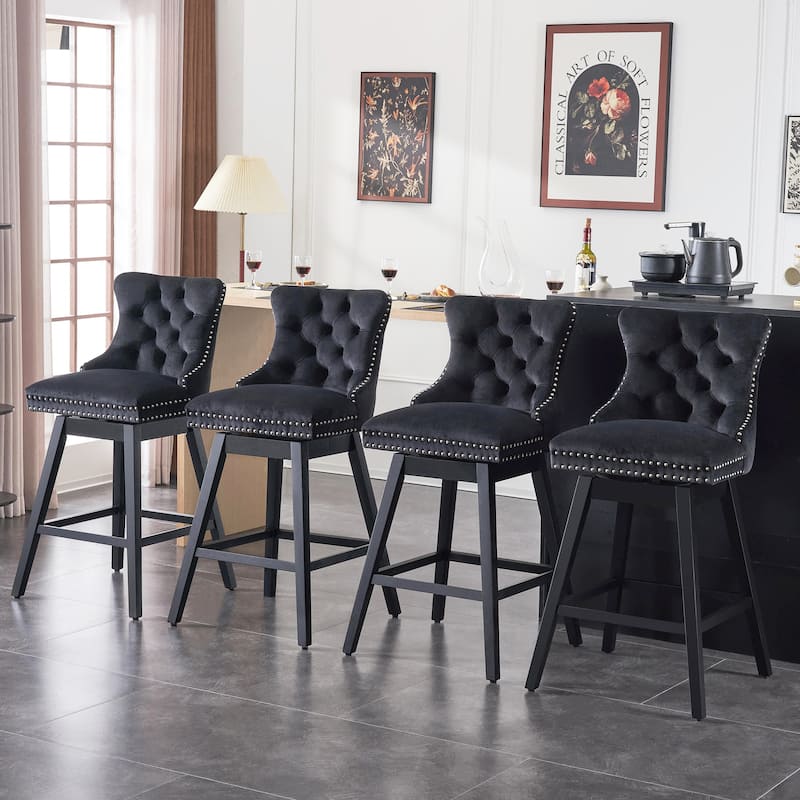 26"/30" Velvet Upholstered Swivel Counter or Bar Height Stools - Set of 4 - Black - Bar Height