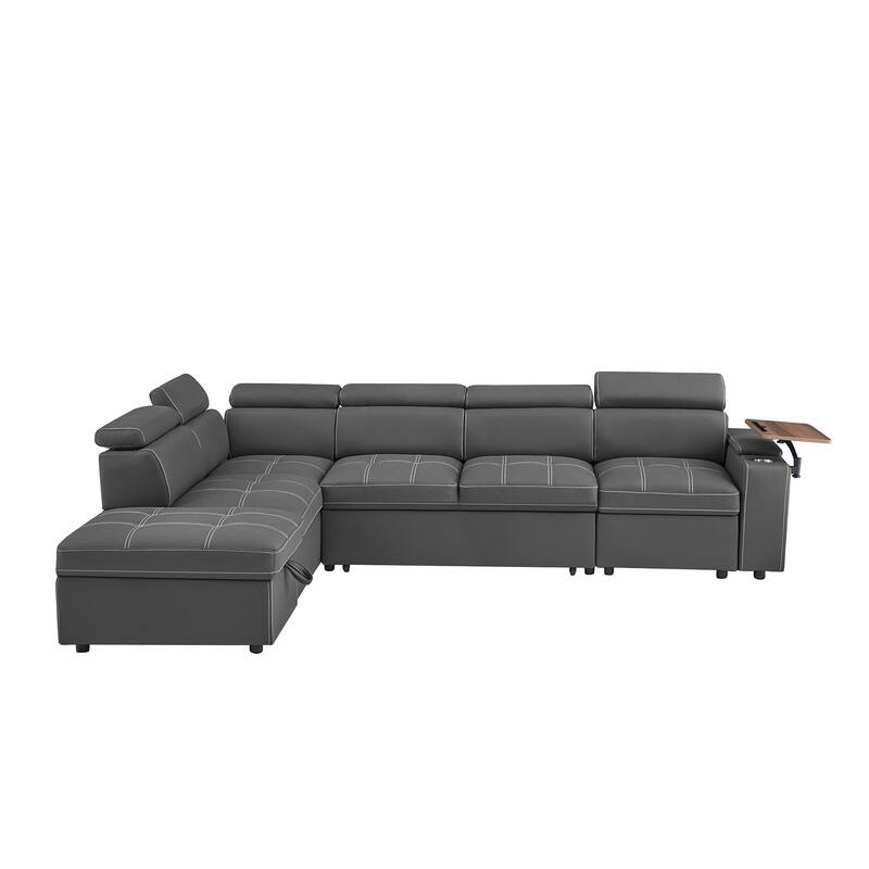 Modern Sectional Sofa Bed with USB Ports and Storage Ottoman and Swivel Table for Living Room and Guest Room
