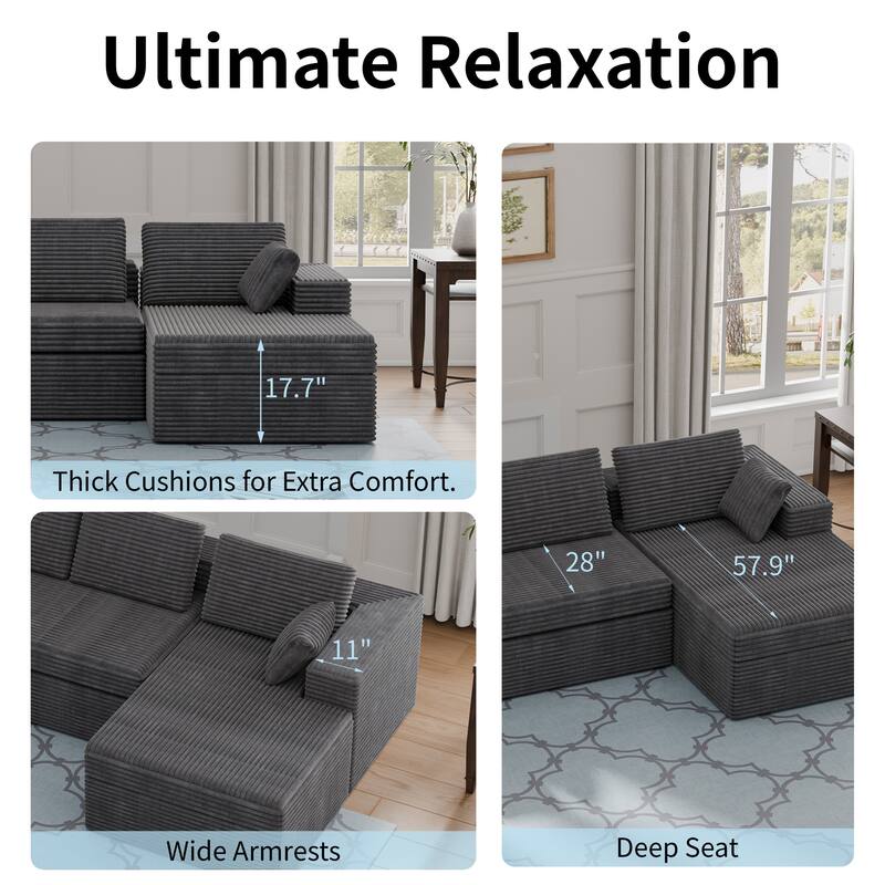 Modland 108" Boneless Cloud Couch, Modular L-Shaped Sectional Sofa, No Assembly, Corduroy