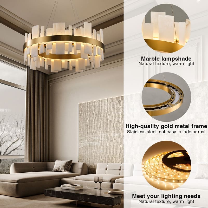 KAYLA 31 in. 8-Lights Drum Gold Chandelier With Alabaster Shade Chandelier